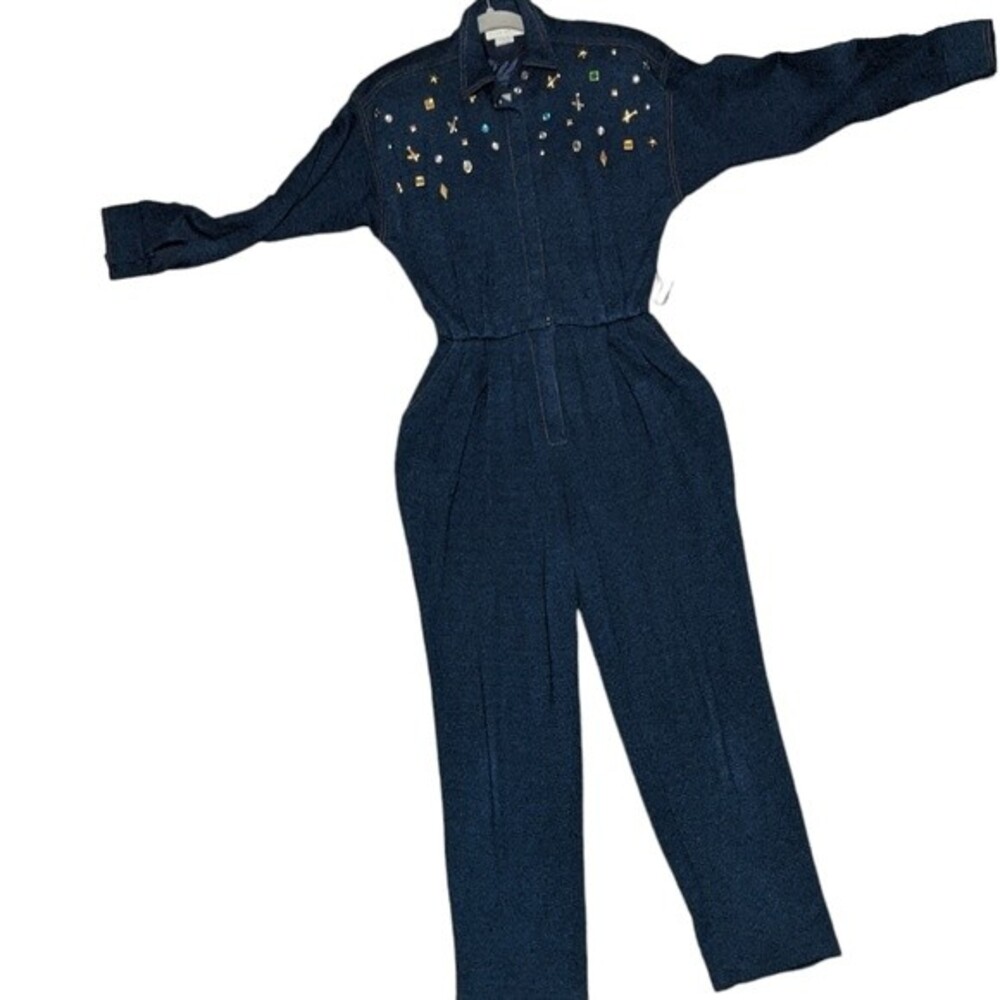 Steven Stolle NY vintage stretchy denim like jump suit, airplanes bedazzled 6
